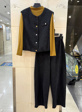 柏菲尔BFE-A27015 黄色立领内搭彩色扣马甲外套+弯刀裤休闲三件套