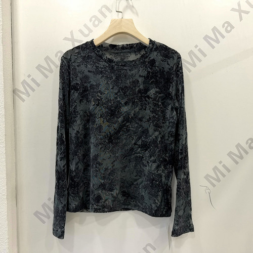君玲彩韵5903 时尚复古植绒花圆领百搭显瘦透视网布T恤小衫上衣秋