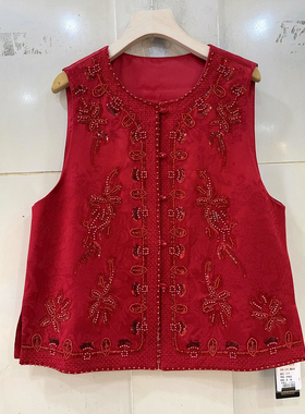 艾尔菲洋26A-A8020 重工钉珠亮片刺绣花圆领国风洋气红色马甲外套