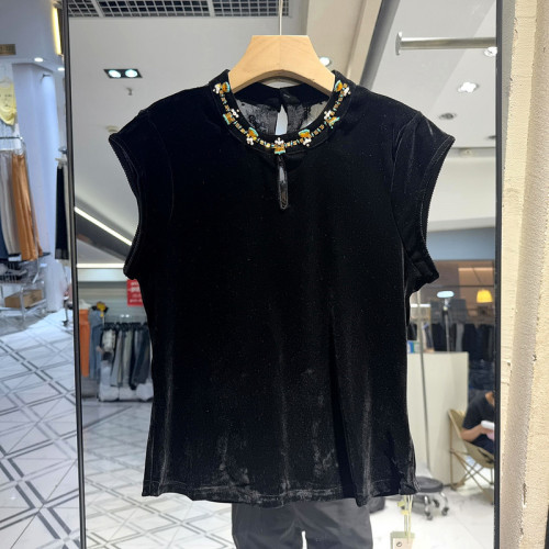 艾嫚伊A28686 镶钻钉珠圆领后背镂空蕾丝飞飞袖丝绒小衫T恤上衣秋