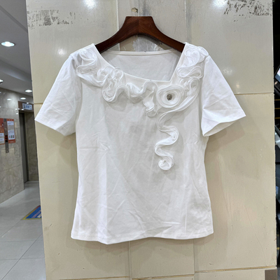 D6097 木耳订花斜一字肩领短袖显瘦T恤短小衫上衣欧货夏装正品女