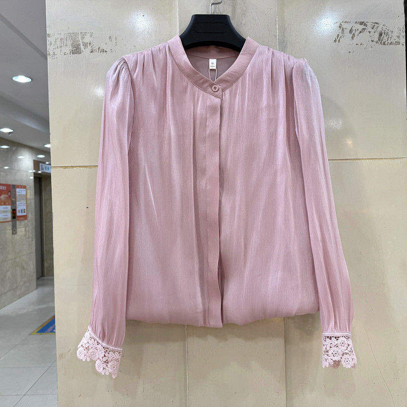 益华彩菲YH26A611 蕾丝花边袖口立领OL百搭显瘦短装衬衫上衣春装
