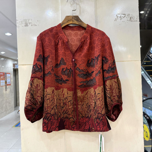 艾2632 流苏飘带V领灯笼七分袖竹叶山水画丝缎衬衣小衫上衣欧货夏
