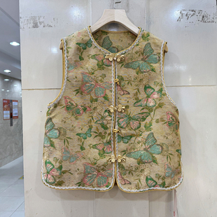 千秀丽人8817 中国结盘扣圆领蝴蝶提花人丝国风洋气马甲外套春装