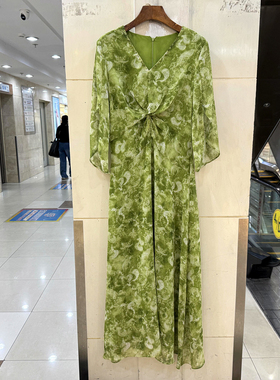 L69156 镶钻V领链条皱褶胸前七分飞飞袖豹纹花气质中长连衣裙夏装
