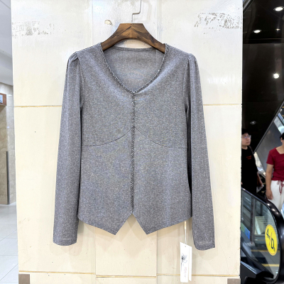 赫琳娜1217 重工镶钻钉珠V领透气南韩网长袖显瘦衬衣T恤小衫秋装