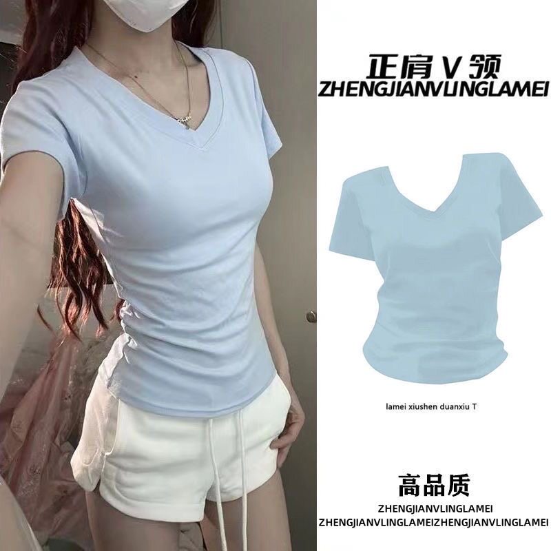 纯色V领正肩显白短袖T恤女夏季小个子修身褶皱收腰蝴蝶结上衣韩版