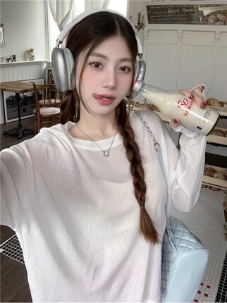 白色打底衫夏季宽松新款罩衫上衣薄款长袖防晒衣外穿透明薄纱T恤
