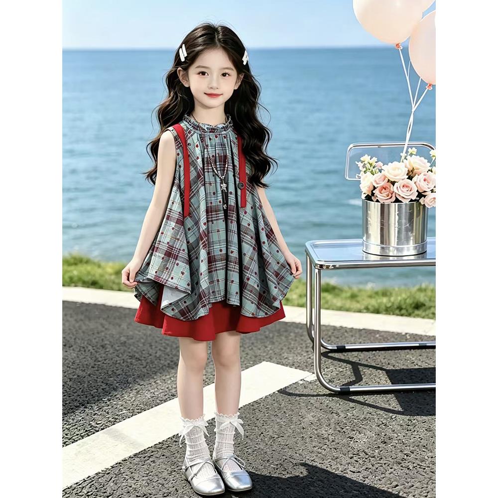女童背心连衣裙夏季2026新款儿童韩版裙子夏装女孩格子公主裙洋气