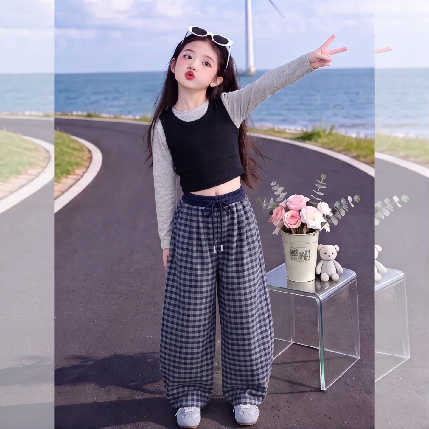 女童秋季格子裤阔腿裤儿童洋气休
