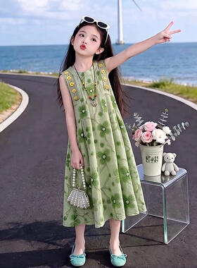 女童2026新款夏季无袖连衣裙田园风绿色中长裙甜美公主裙度假风潮