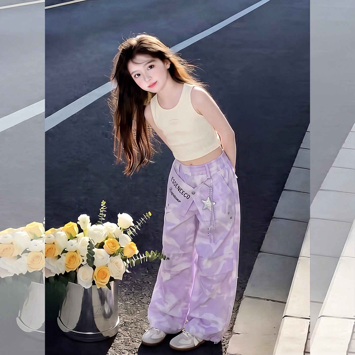 女童甜美风迷彩扎染工装阔腿裤夏季高腰宽松休闲裙帘长裤紫色直筒