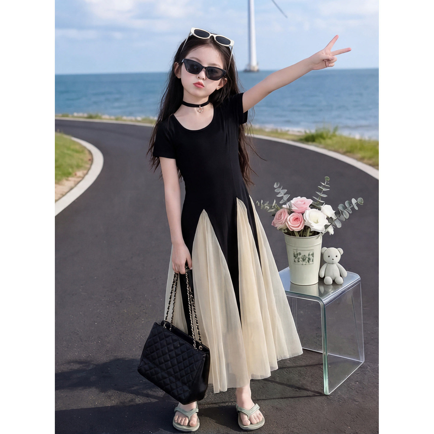 女童夏季时尚拼接不规则网纱裙装