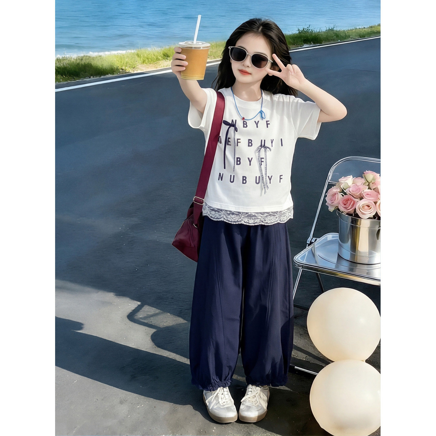 女童夏季字母印花T恤套装中大童