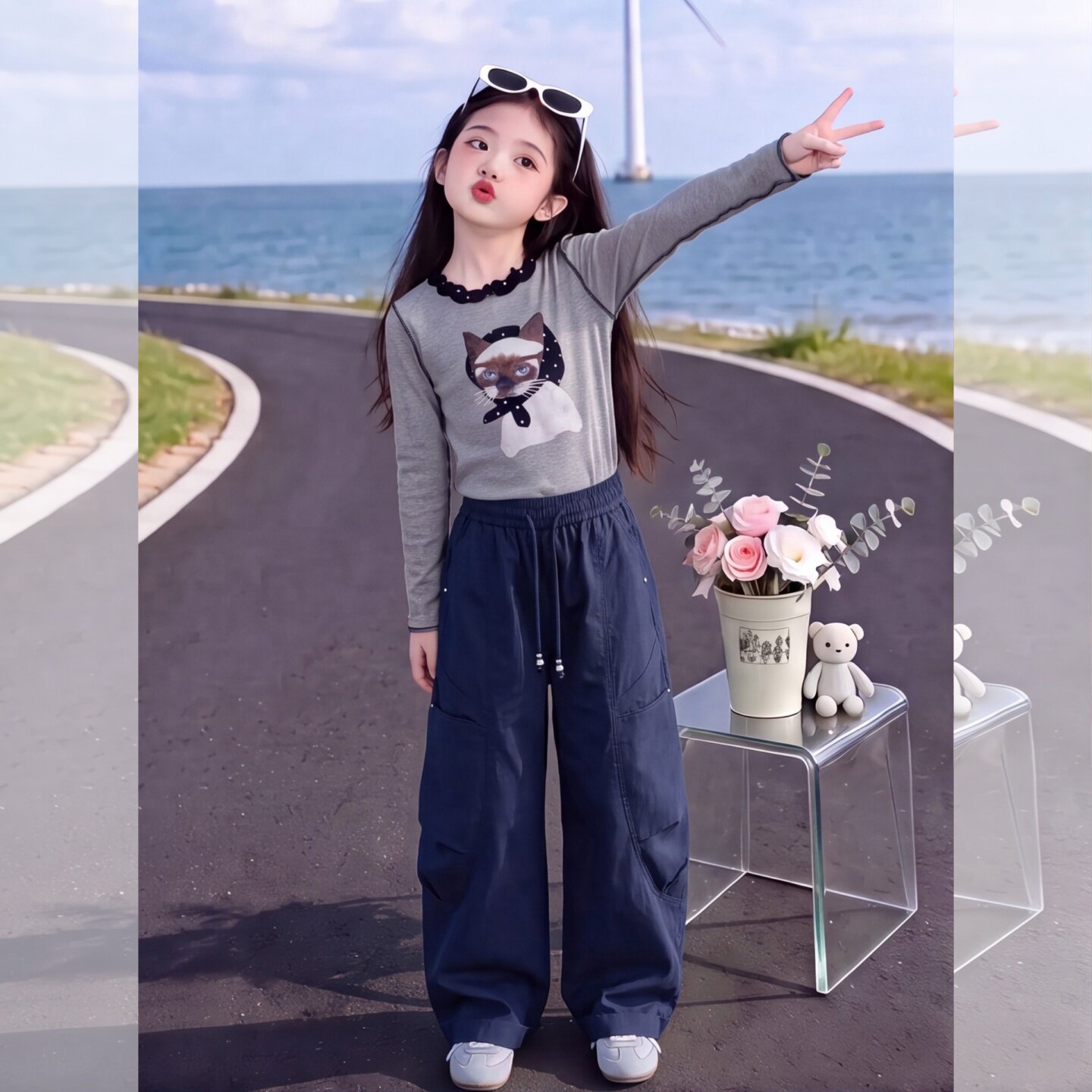 女童T恤2026新款秋季洋气猫咪印花长袖阔腿裤女大童春装裤子洋气