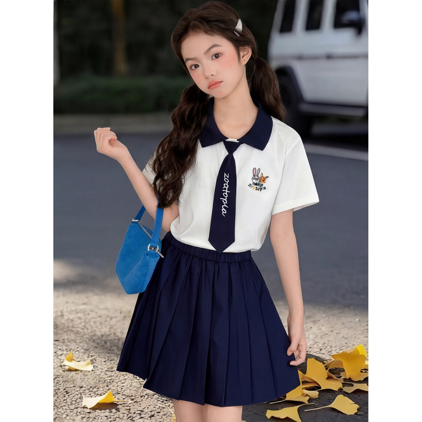 女童学院风套装夏季百褶裙两件套