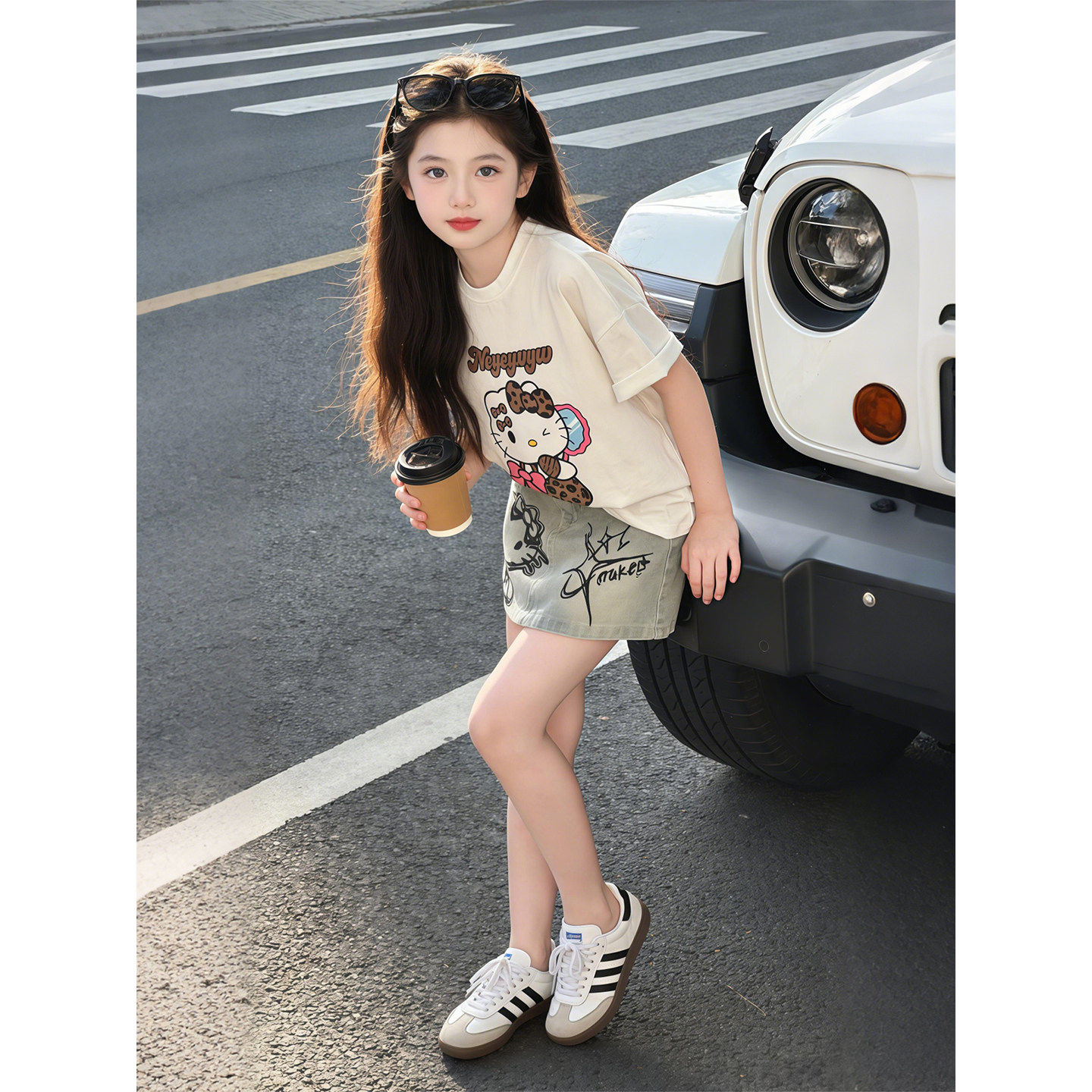 女童短袖T恤2026新款洋气时髦儿童童装kt猫上衣牛仔裙女宝宝套装