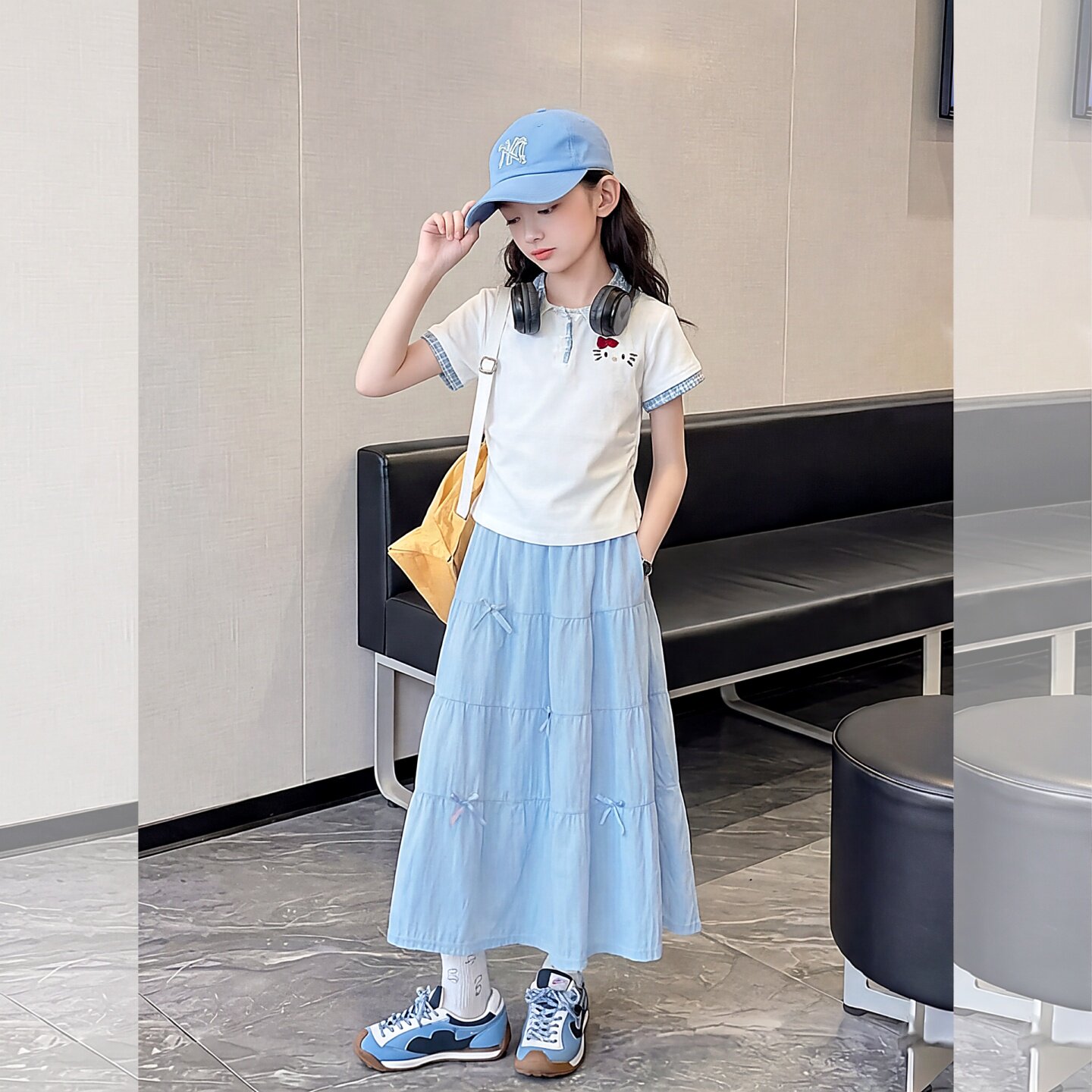 女童夏Polo衫上衣网纱半身裙套装
