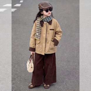 女童加厚风衣外套2025新款秋冬季韩版洋气时髦翻领夹克阔腿裤套装