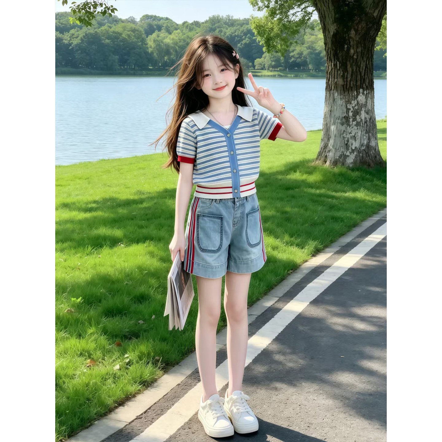 女童夏季学院风套装2026新款儿童洋气条纹上衣夏装女孩短裤两件套