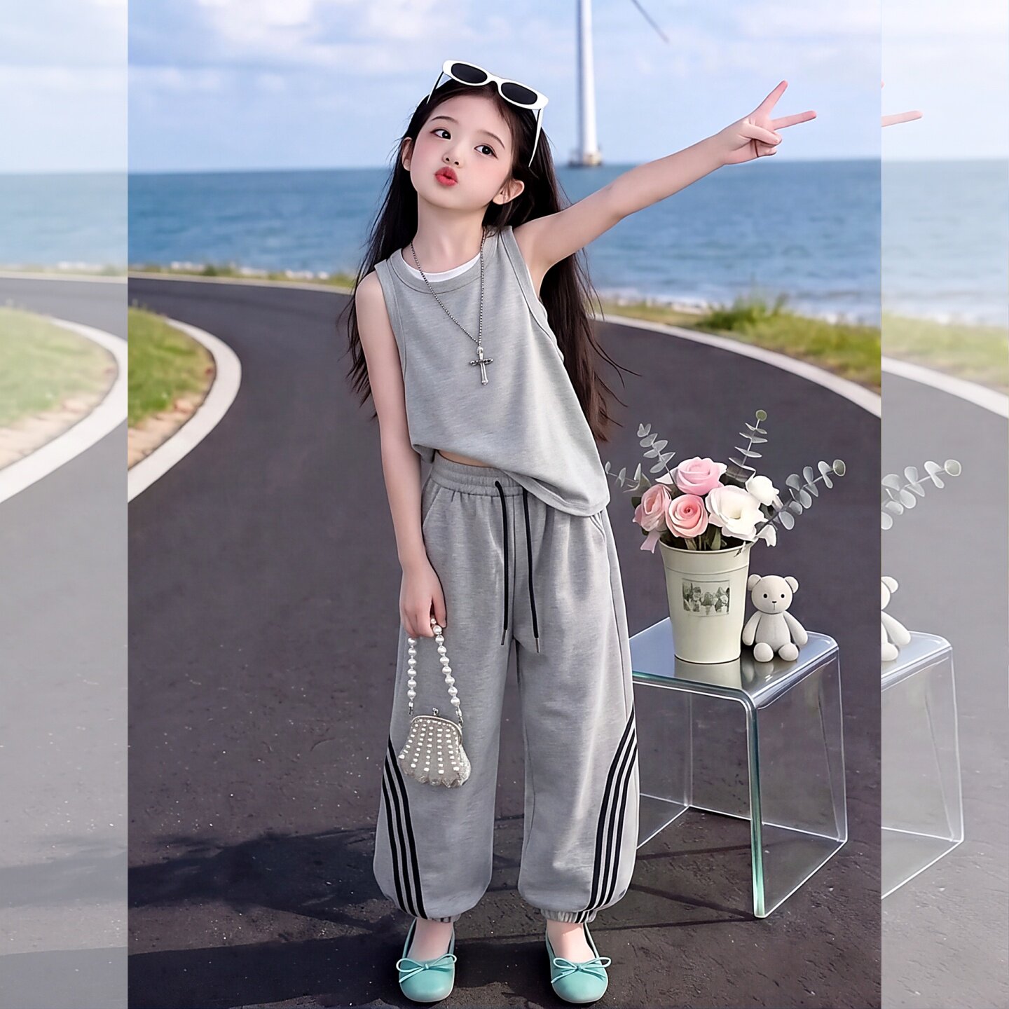 女童夏假两件无袖背心卫裤两件套