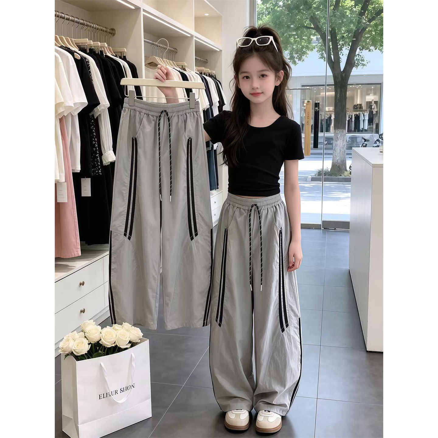 女童夏季套装2026新款夏装修身短袖T恤洋气宽松休闲阔腿裤两件套