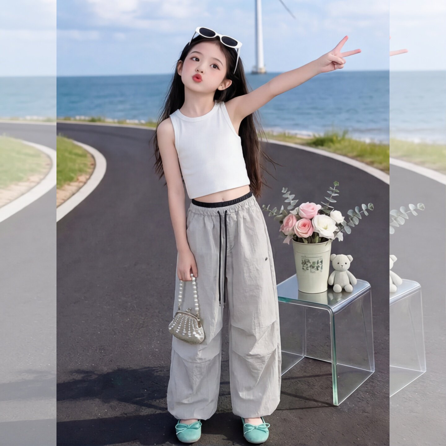 女童速干工装裤夏季2026新款儿童冰丝阔腿裤薄款凉感休闲运动裤子