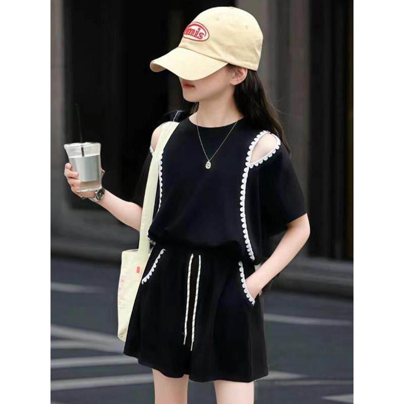 女童露肩运动风套装夏季2026新款儿童短袖T恤上衣女孩短裤两件套