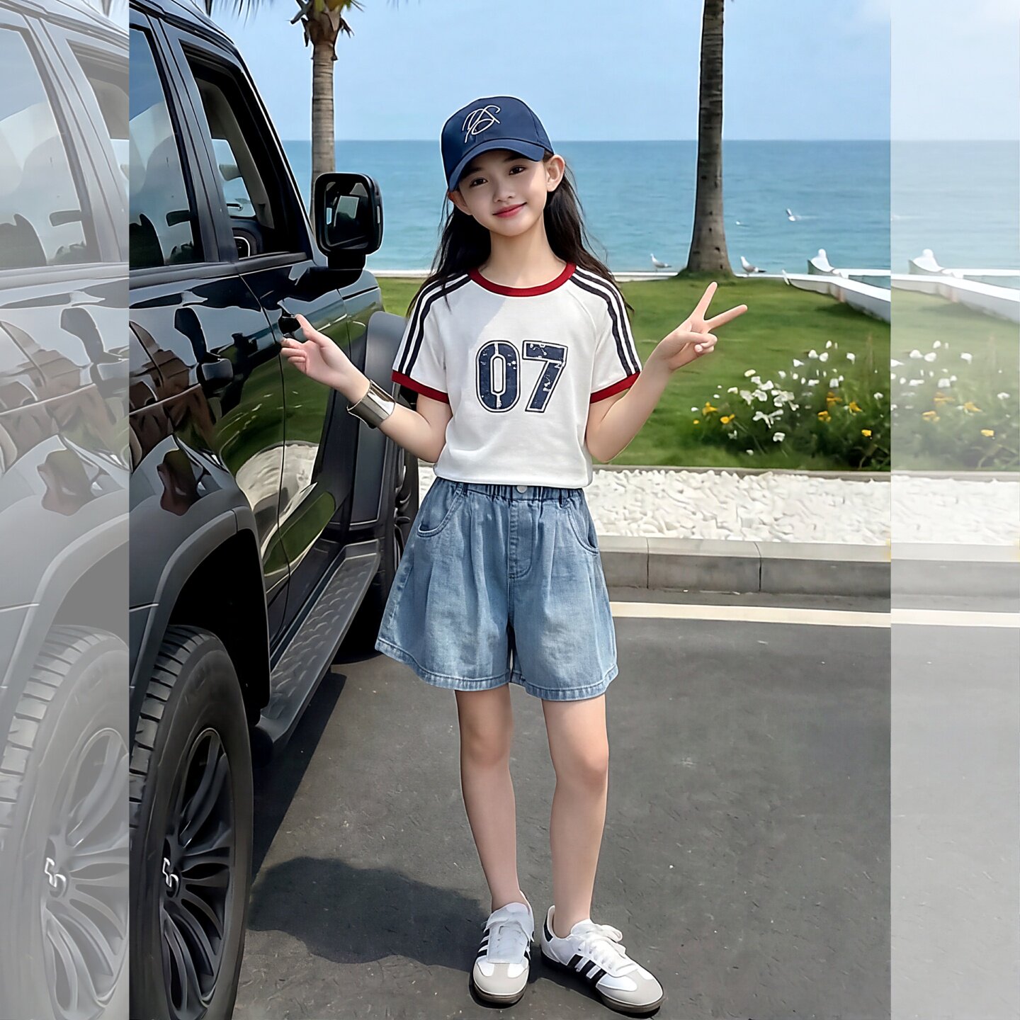 女童夏休闲短袖T恤牛仔短裤套装