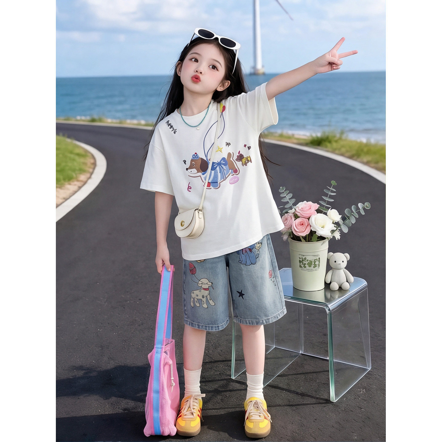 女童夏季卡通印花休闲短袖短裤