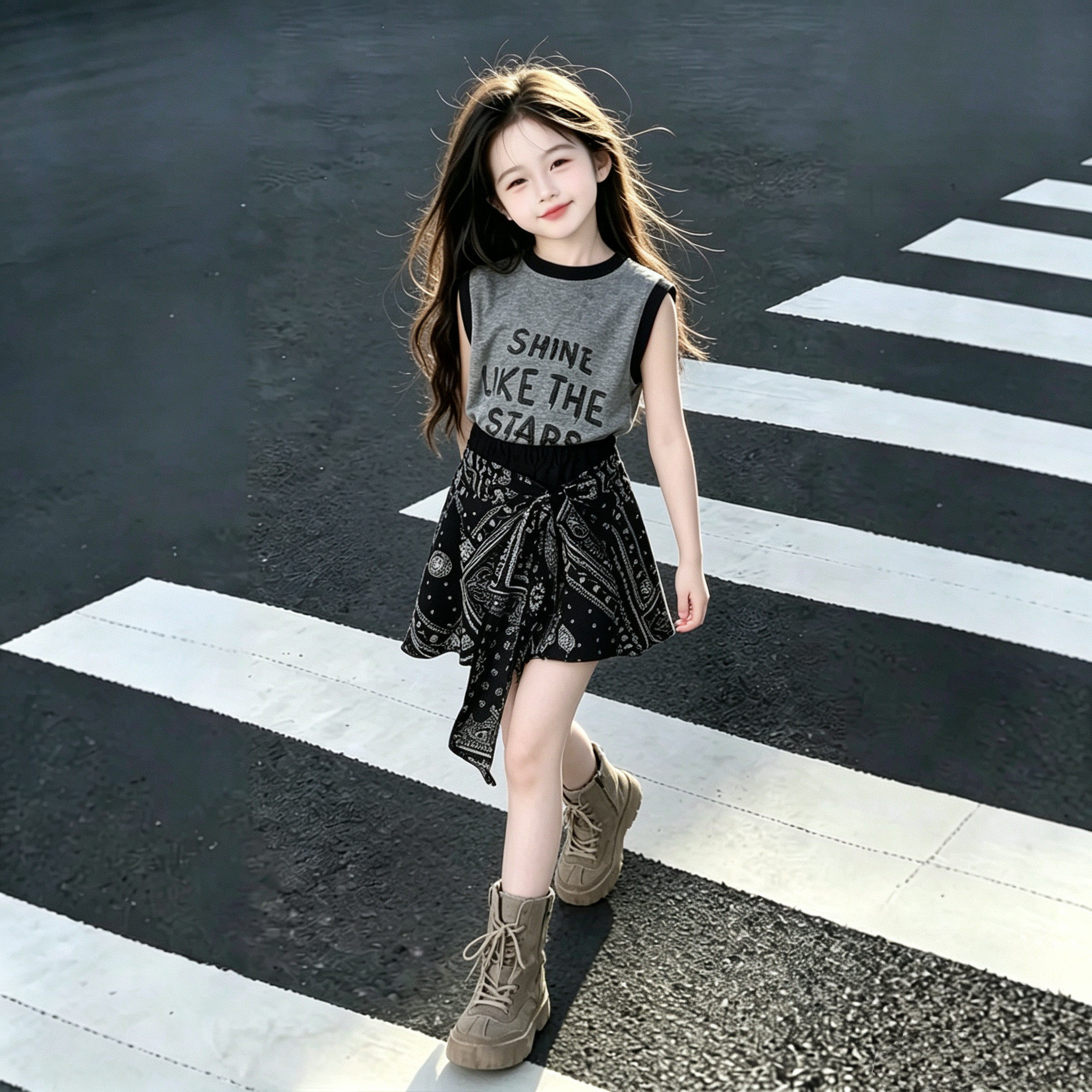 女童夏季套装2026新款儿童字母印花T恤女孩假两件裙裤两件套洋气
