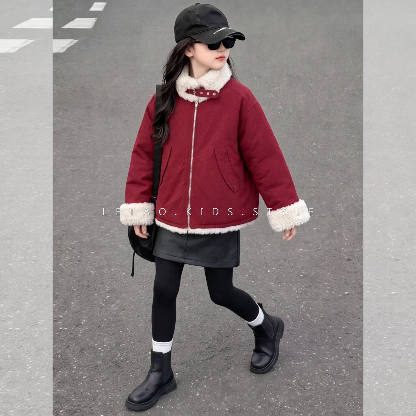女童羊羔毛翻领加厚保暖夹克外套