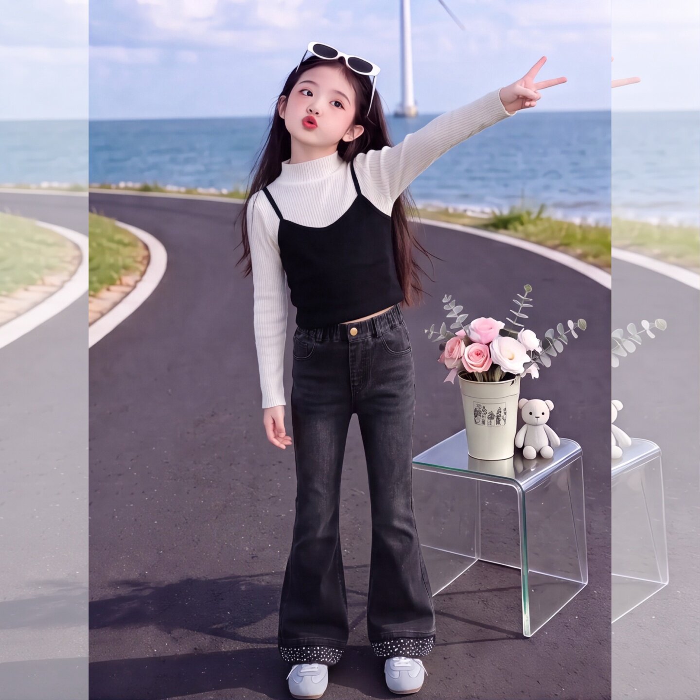 女童喇叭裤春秋款2026新款儿童黑