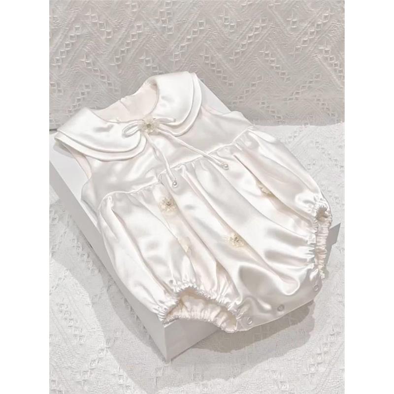 高端缎面女童宝宝生日礼服连体衣夏季新款儿童娃娃领周岁连衣裙子