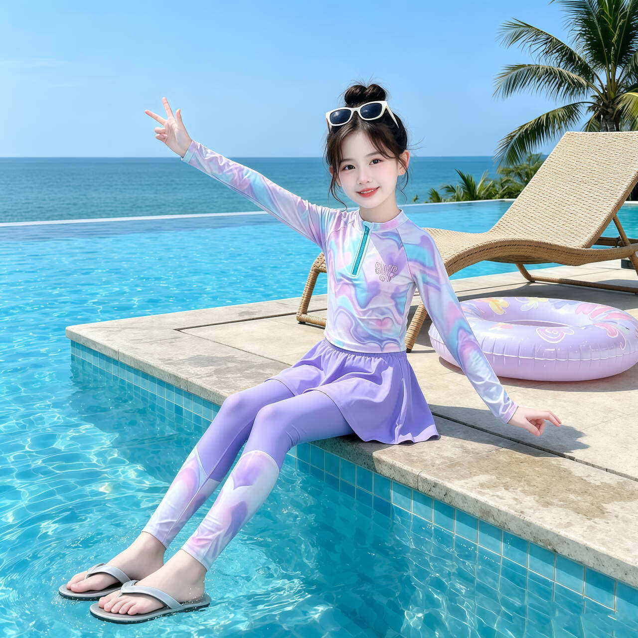 泳衣女儿童中大童带胸垫长袖长裤游泳衣海边防晒青少年女孩泳装夏