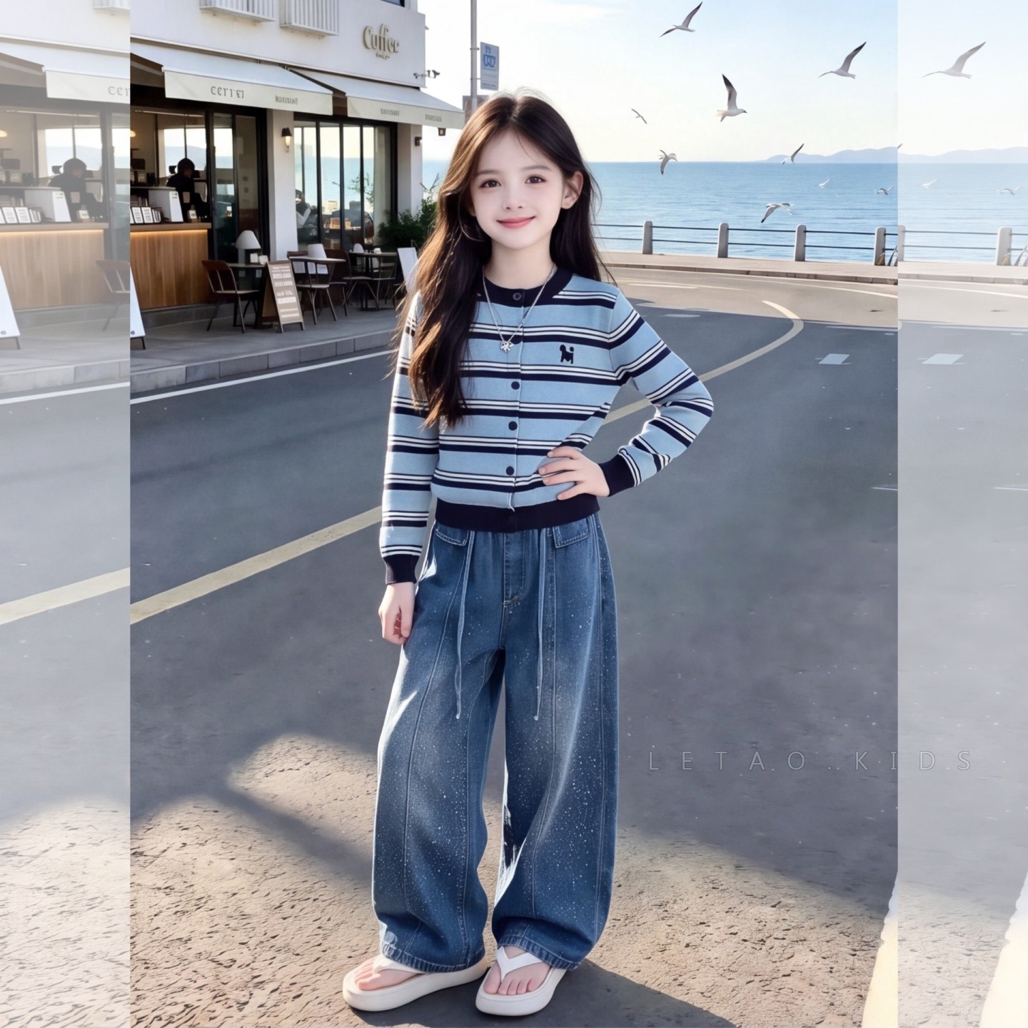 女童毛线条纹开衫烫钻牛仔裤两件