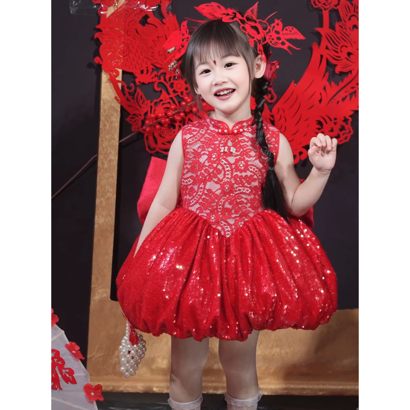 女童红色过新年拜年服儿童新中式剪纸蕾丝背心花苞裙迪士尼公主裙