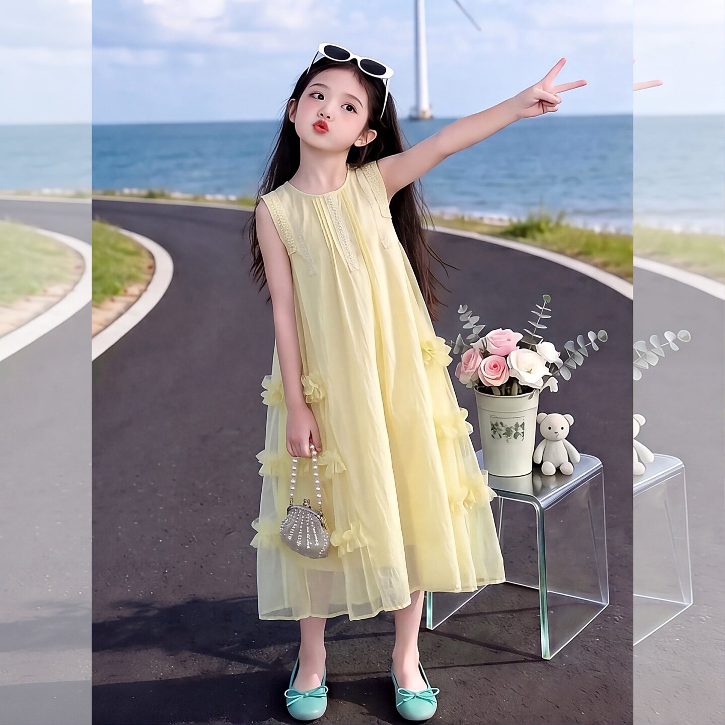 女童夏黄色无袖连衣裙蛋糕裙长裙