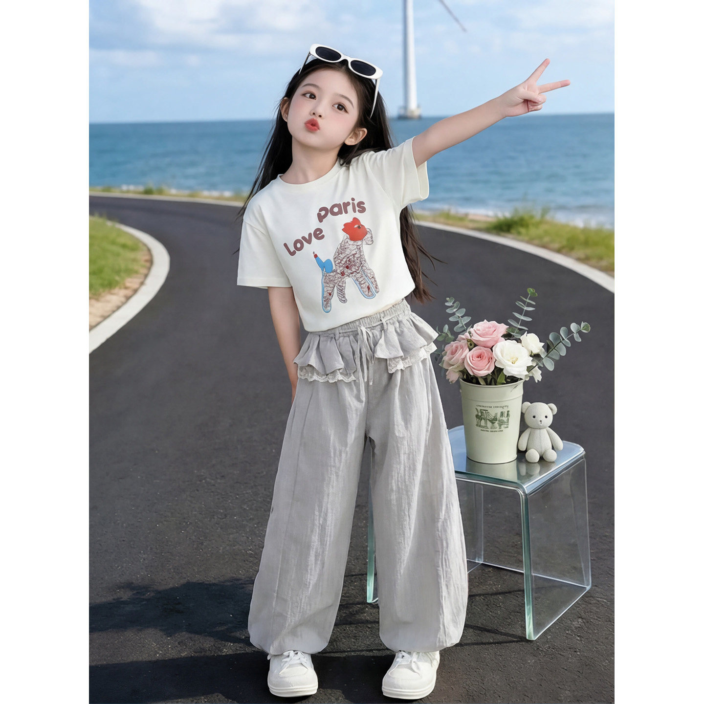 女童夏季短袖套装休闲阔腿裤套装