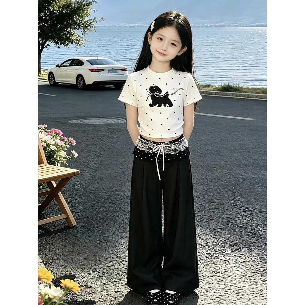 女童波点T恤套装夏季2026新款儿童休闲夏装女孩屁帘阔腿裤三件套