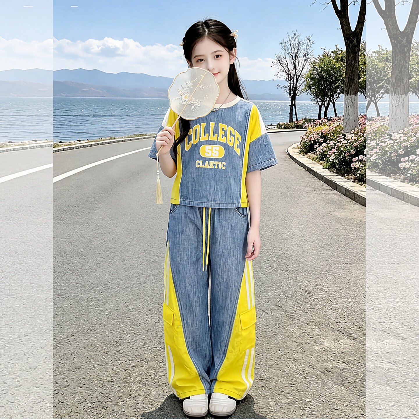 女童2026新款时尚夏季中大童拼接日常穿搭休闲运动初中生套装潮酷