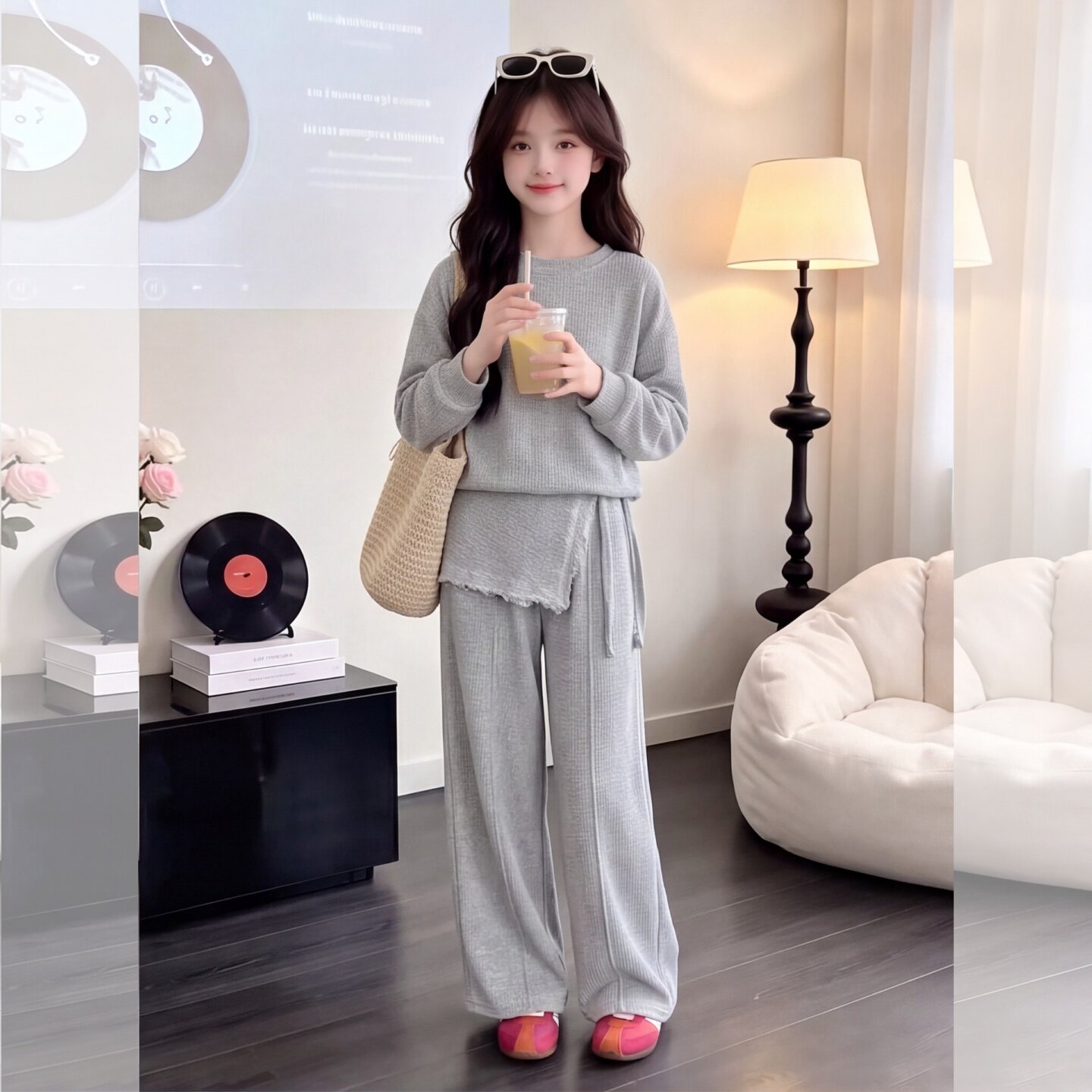 女童秋季款蕾丝屁帘卫衣套装2026