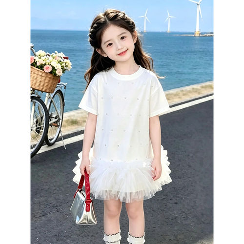 女童烫钻T恤裙夏季2026新款儿童时髦裙子夏装女孩网纱蛋糕裙洋气