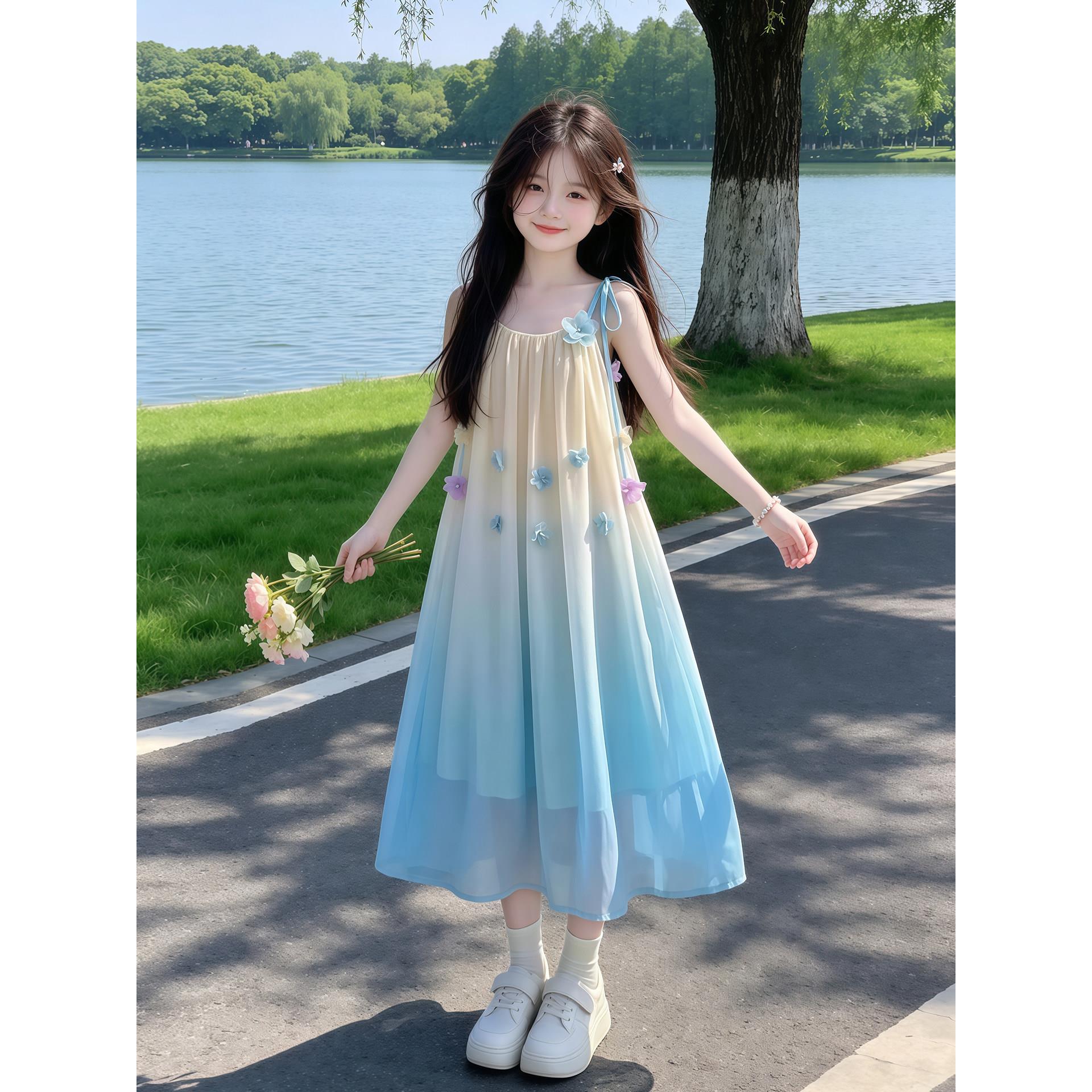 女童连衣裙2026新款儿童洋气夏季大童沙滩裙子洋气渐变吊带公主裙