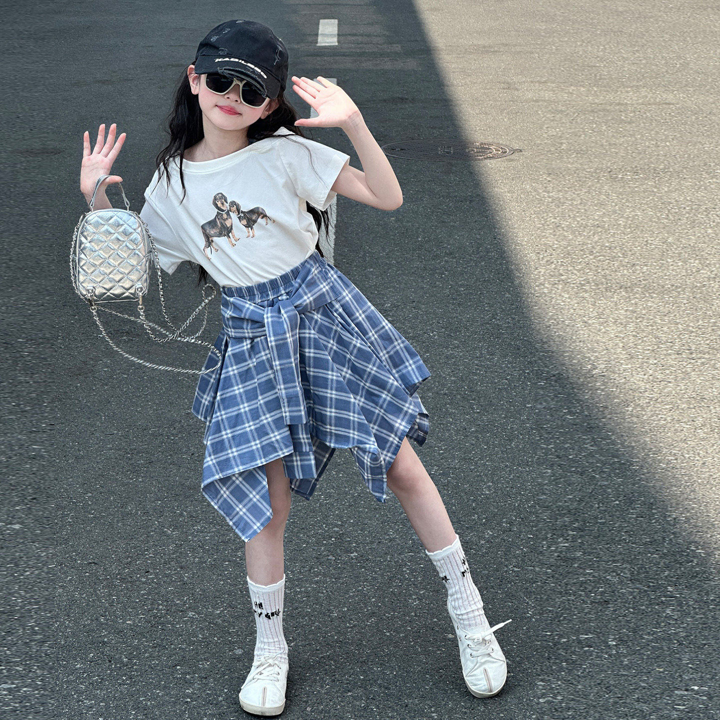 女童夏季套装2026新款儿童洋气漏肩短袖格子裙两件套女孩夏季衣服