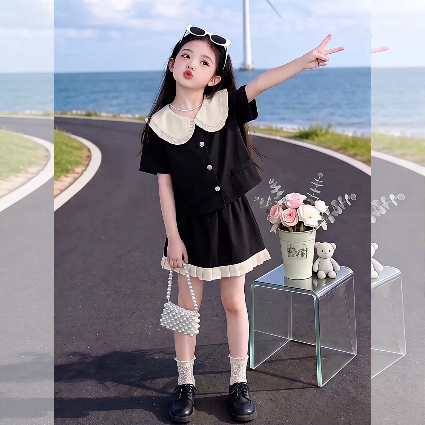 女童法式娃娃领小香风套装裙夏季