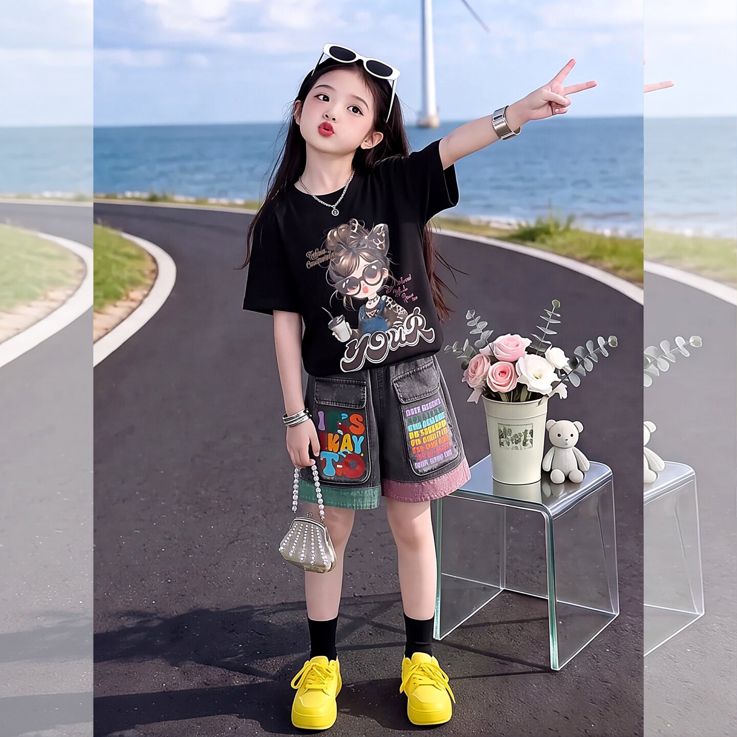 女童夏季洋气短袖牛仔短裤套装中