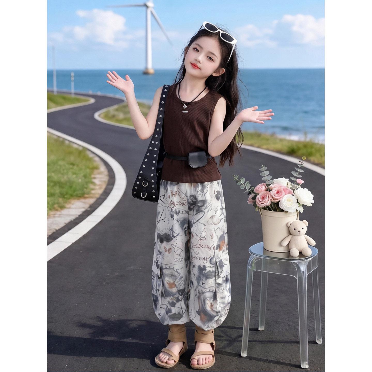 女童工装裤套装夏季2026新款涂鸦
