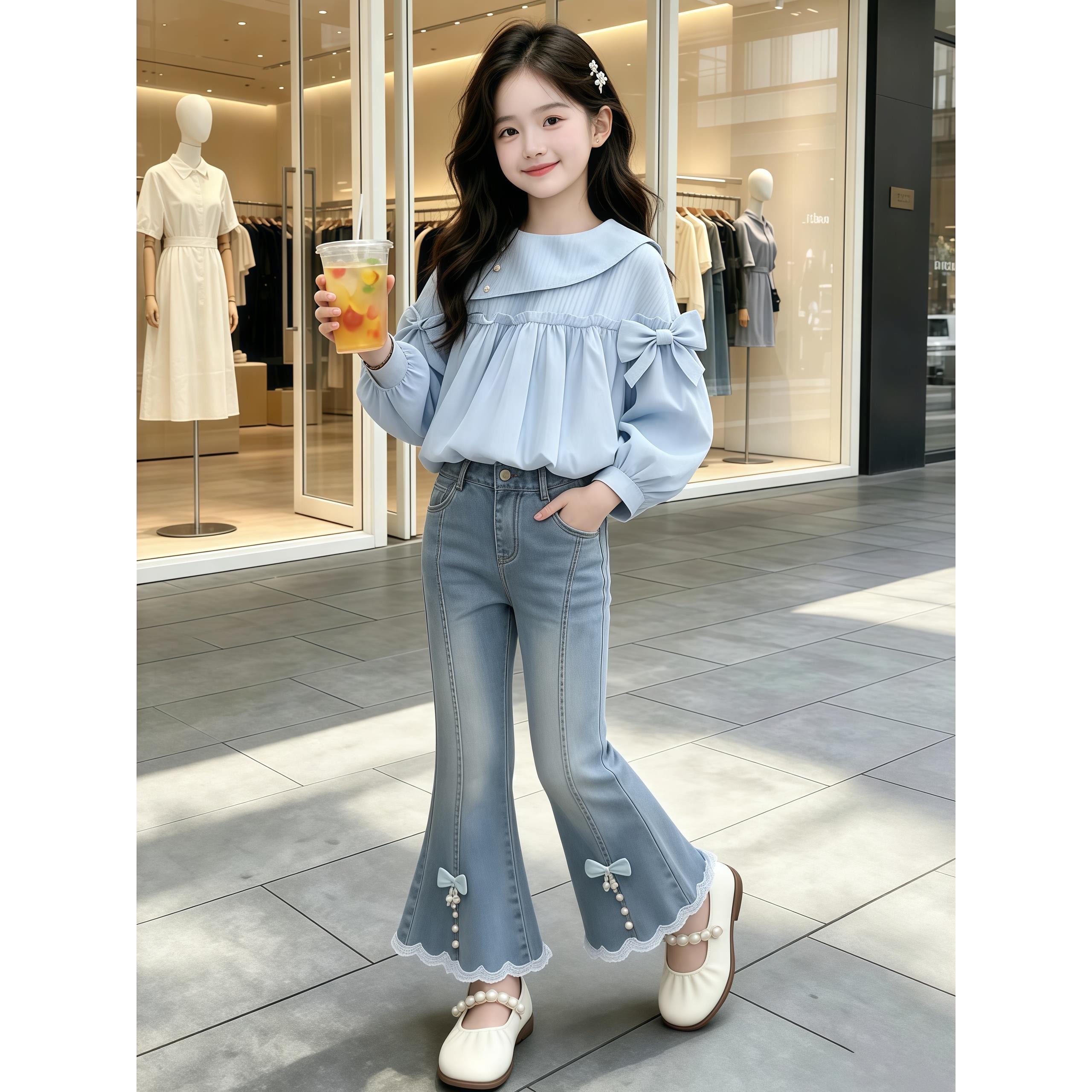 女童春秋套装2026新款娃娃领蝴蝶结衬衫儿童蕾丝珍珠微喇牛仔裤潮