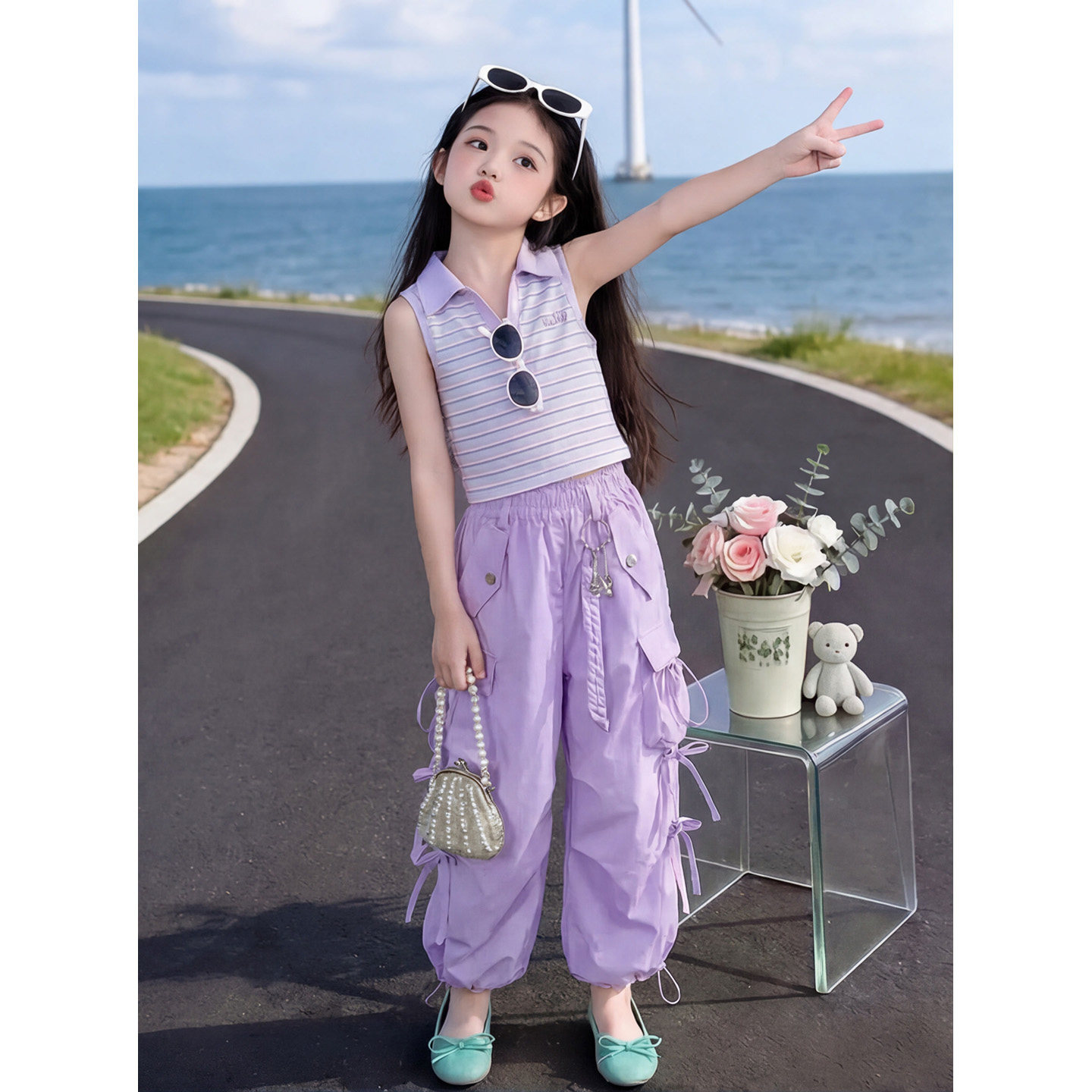女童背心扎染工装裤套装夏装2026新款条纹无袖屁帘速干伞兵裤街舞